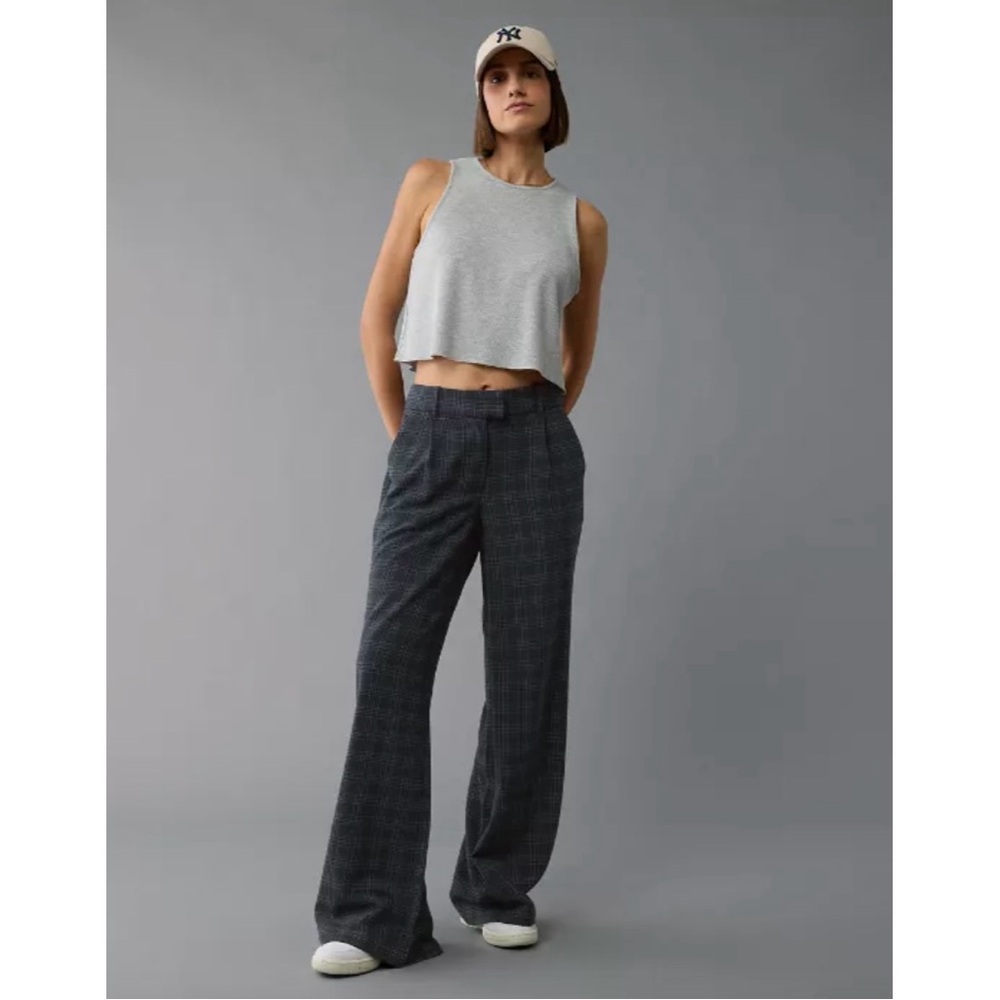 American Eagle Stretch Poppy Trouser Gray Plaid Wide Leg Pant, 6